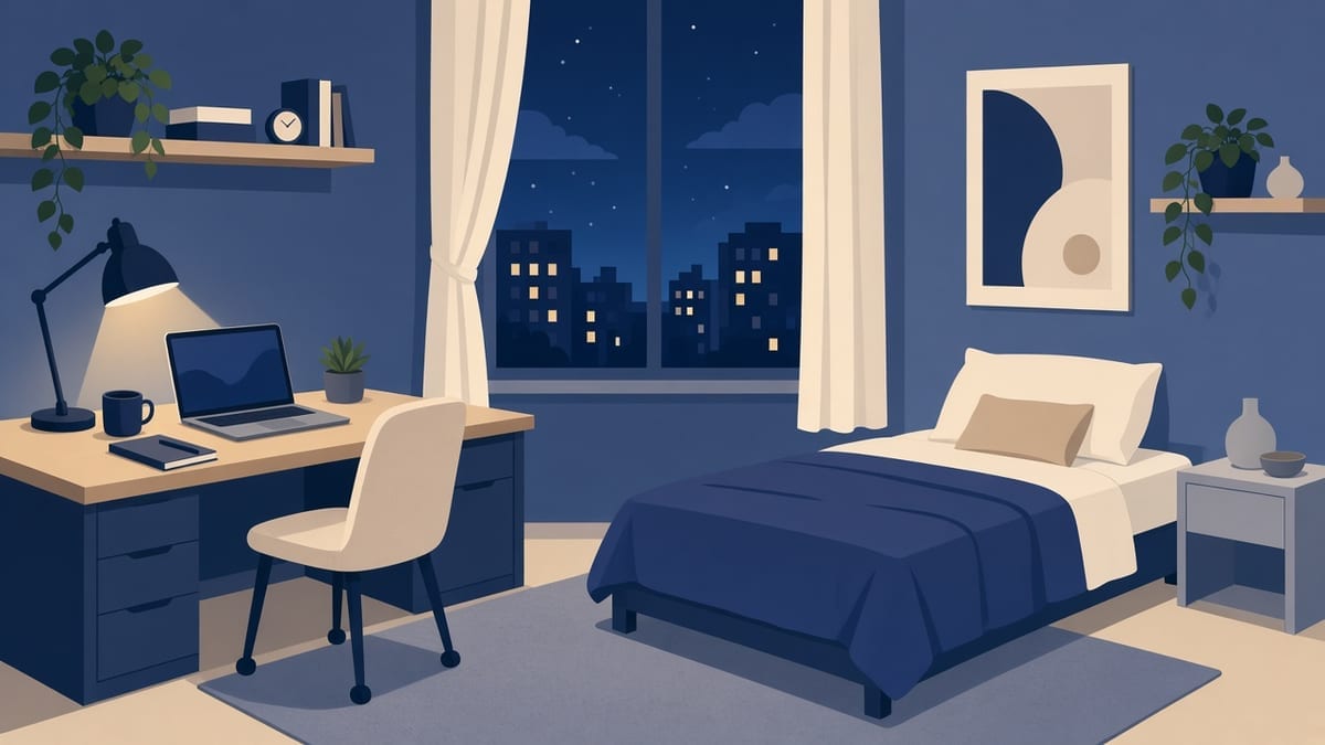 Cicha kawalerka studenta — biurko, lampa, laptop, wieczór do nauki