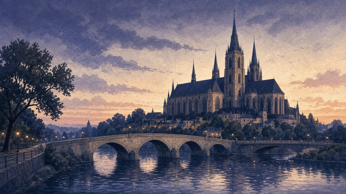 Ostrów Tumski wieczorem — katedra, mosty, lampiony