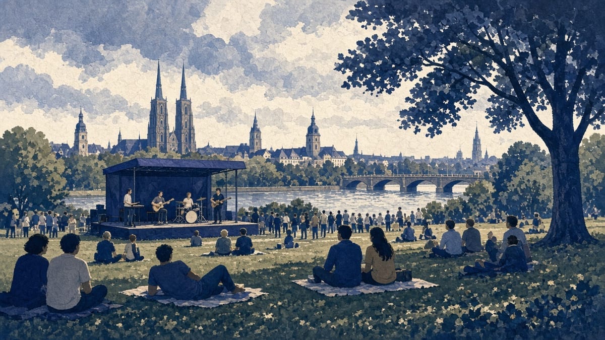 Koncert plenerowy na wyspie — koc, tłum, scena