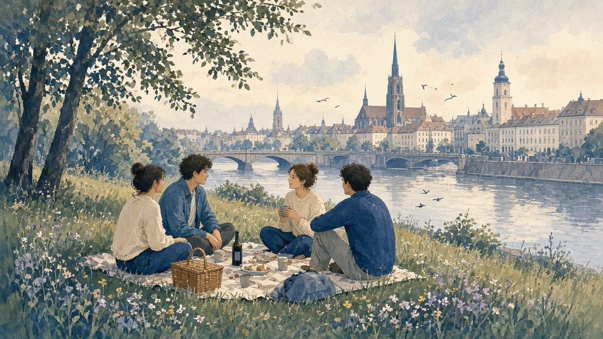 Piknik studentów nad Odrą — koc, termos, miasto w tle
