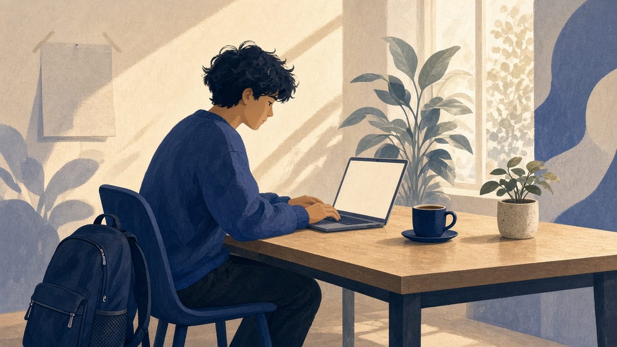 Student z laptopem w coworkingu — blank screen