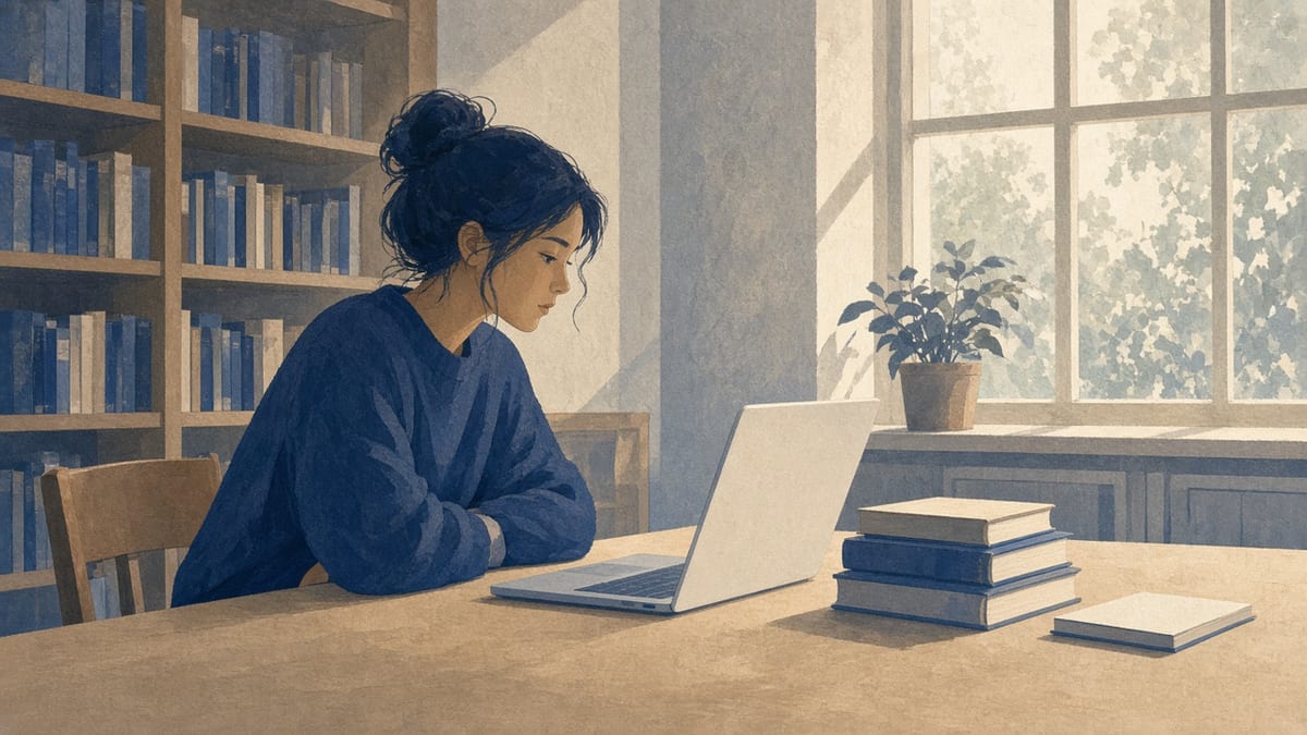 Student w bibliotece z laptopem — cicha praca