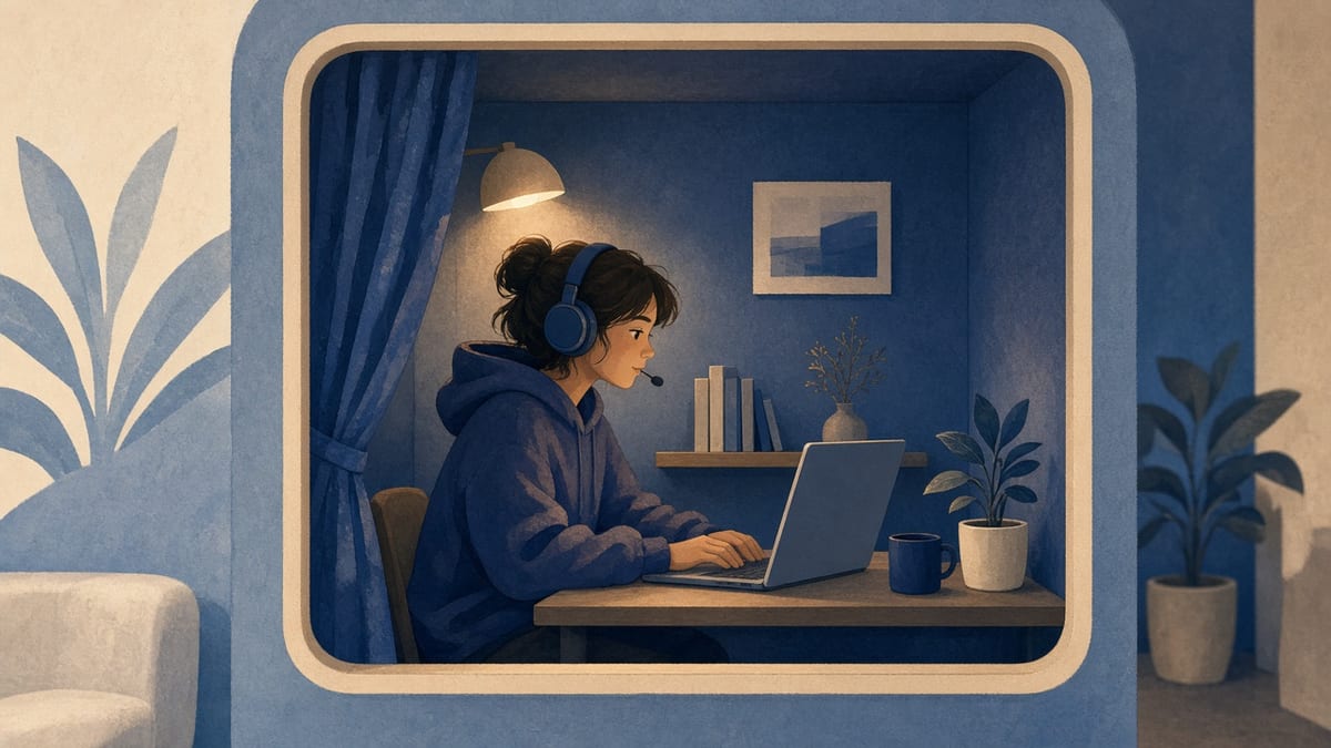 Student na callu w kabinie telefonicznej coworkingu