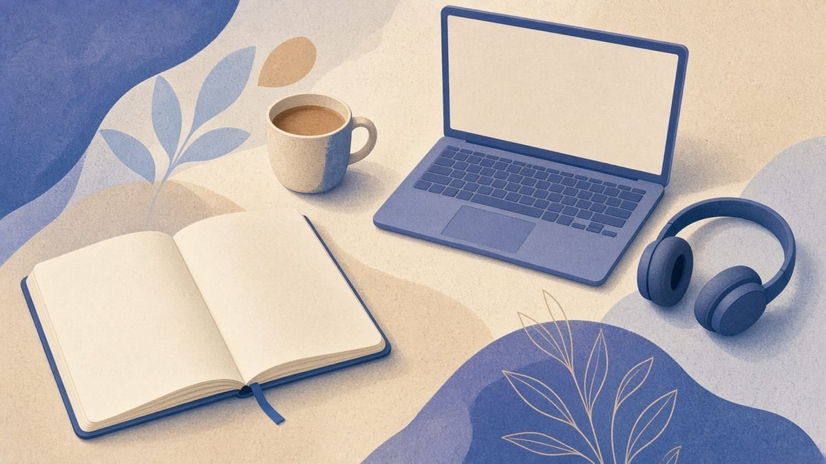 Abstrakcyjne źródła nauki — laptop i notes, bez UI