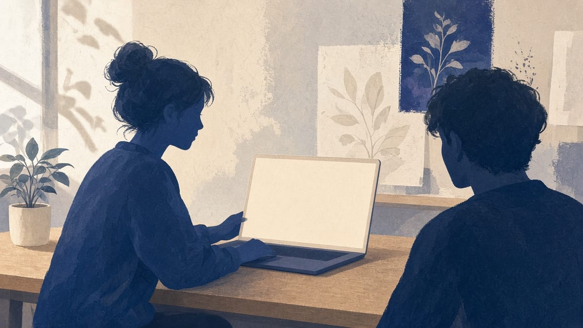 Student prezentuje projekt z laptopa — blank screen