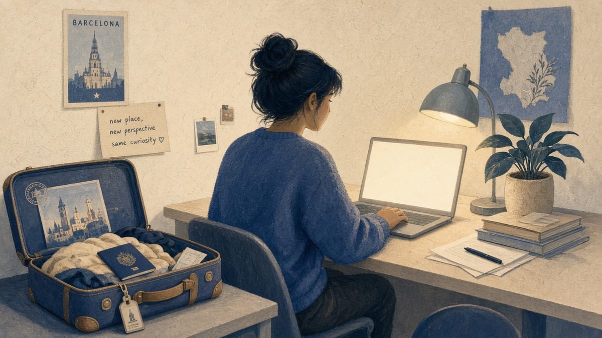 Powrót z Erasmusa — laptop z CV, walizka