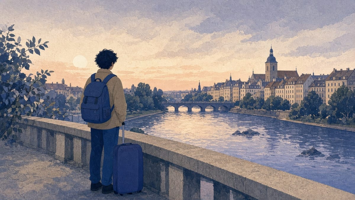 Student z walizką i mapą na stacji — wyjazd na wymianę
