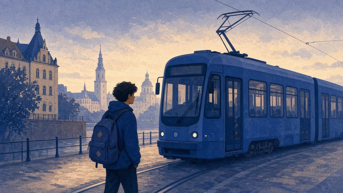 Student wraca z biblioteki tramwajem — spokój
