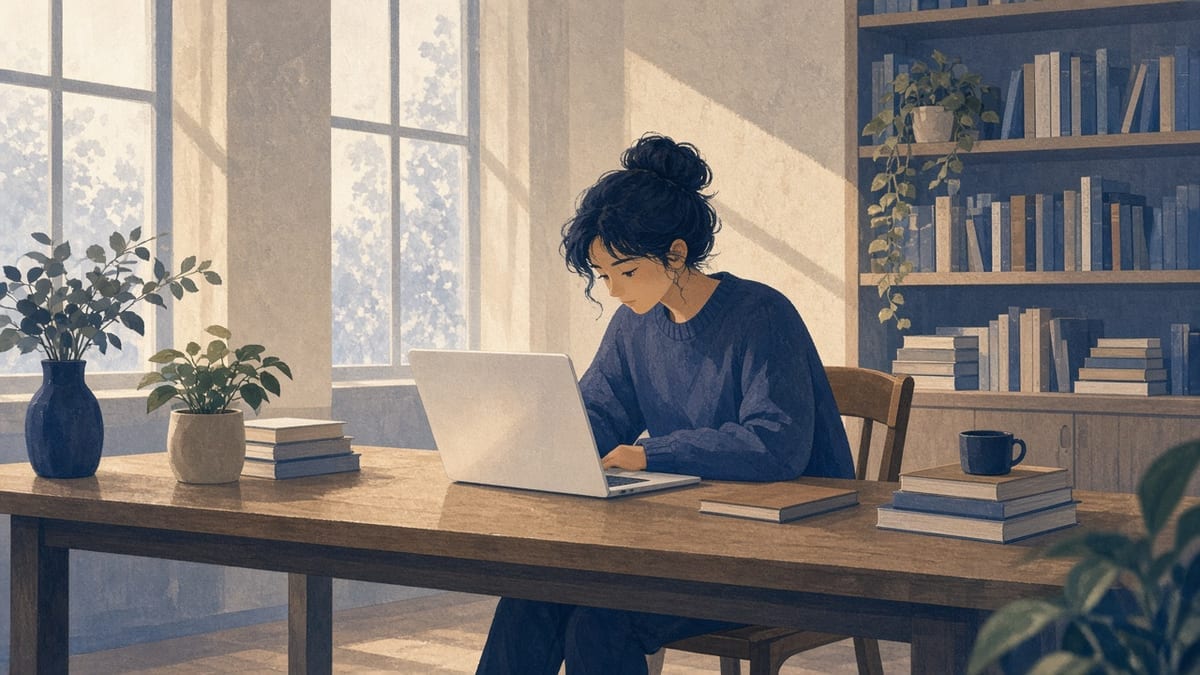 Student w czytelni z laptopem — blank screen