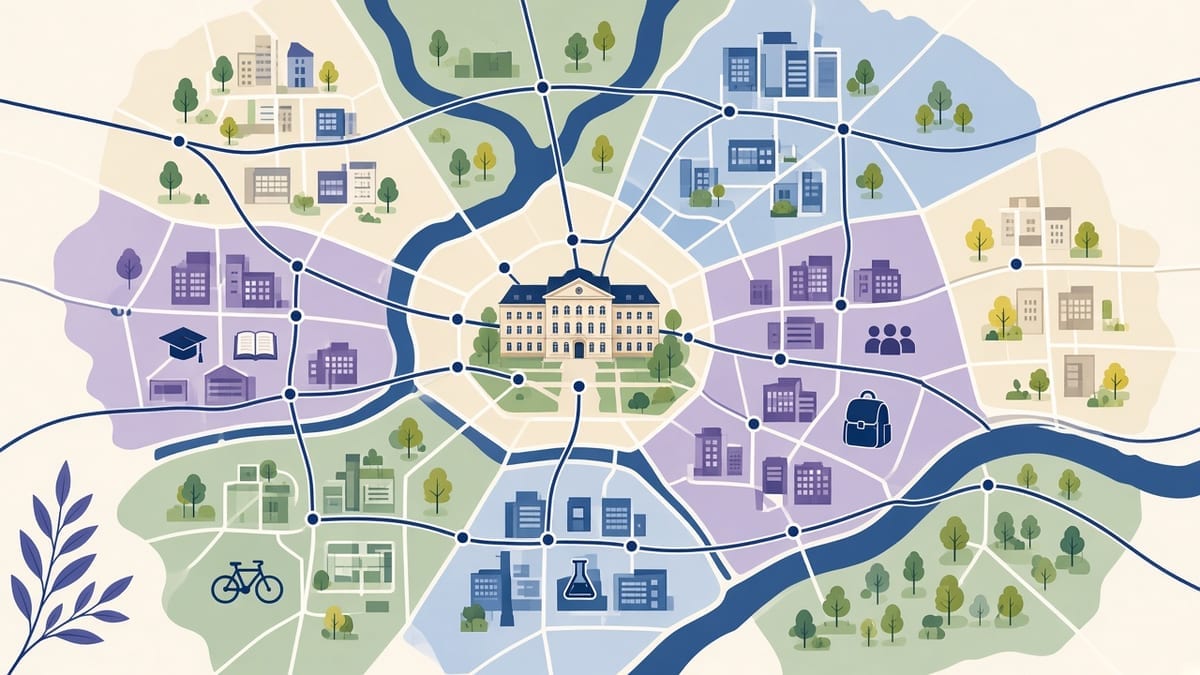Mapa dzielnic Wrocławia z liniami tramwajowymi — strefy studenckie, kampusy, kierunki