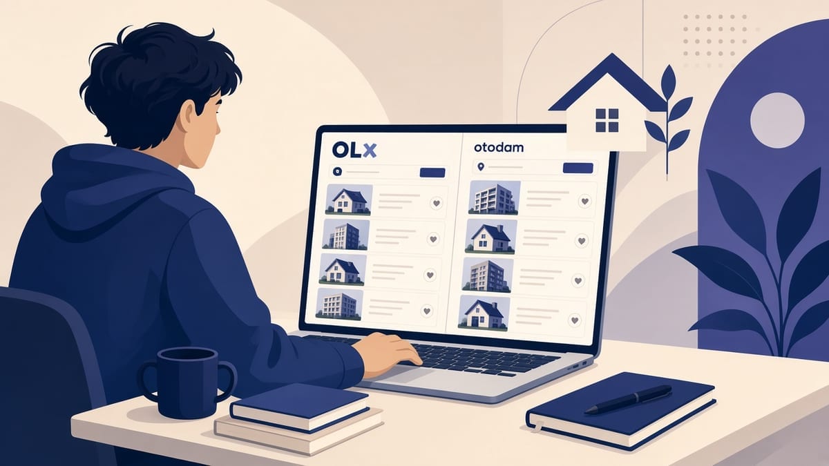 Student przegląda ogłoszenia mieszkaniowe na laptopie — OLX i Otodom obok siebie