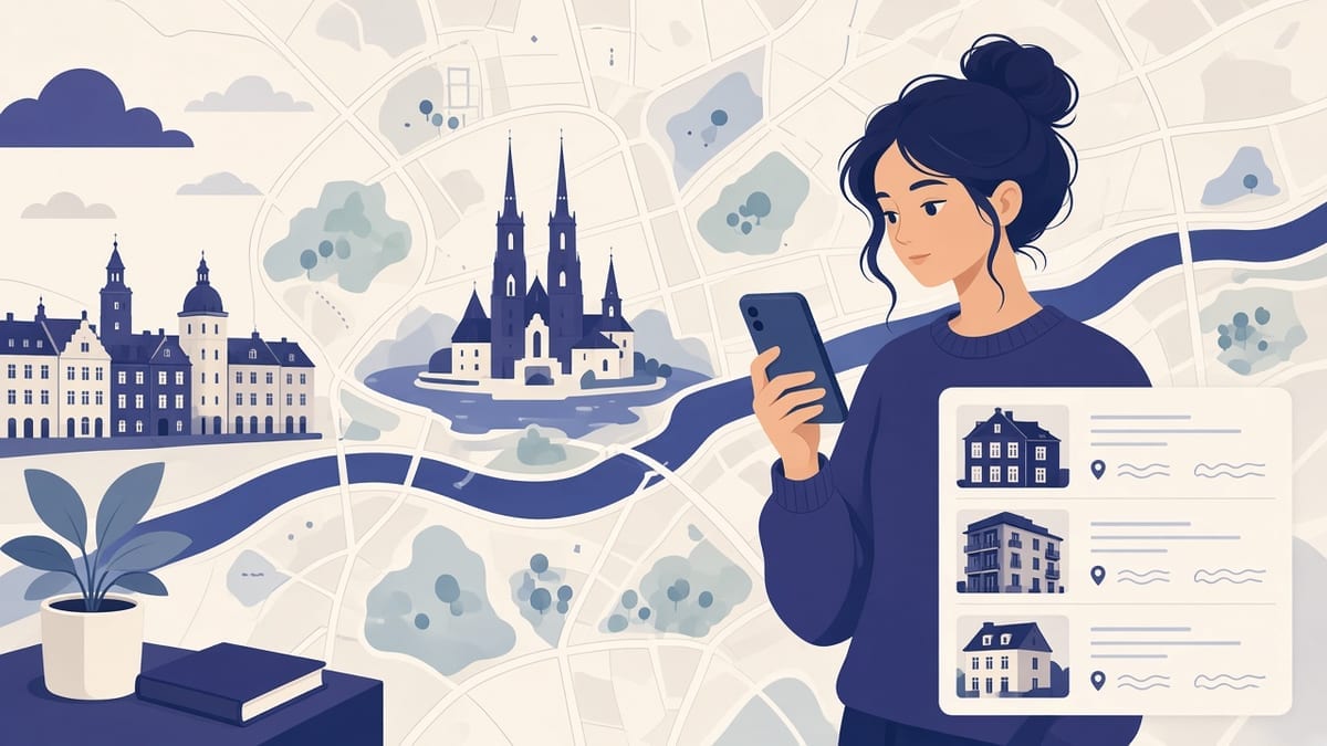 Student przegląda ogłoszenia mieszkaniowe na telefonie — mapa Wrocławia w tle