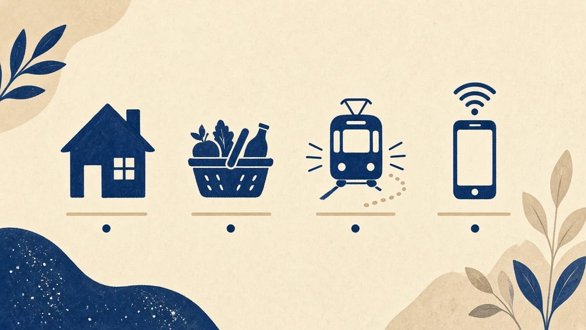 Ikony kosztów — czynsz, jedzenie, tramwaj, telefon