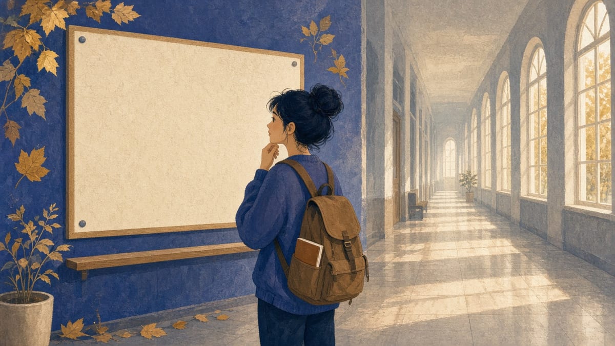 Studenci przy plakacie koła naukowego na korytarzu uczelni