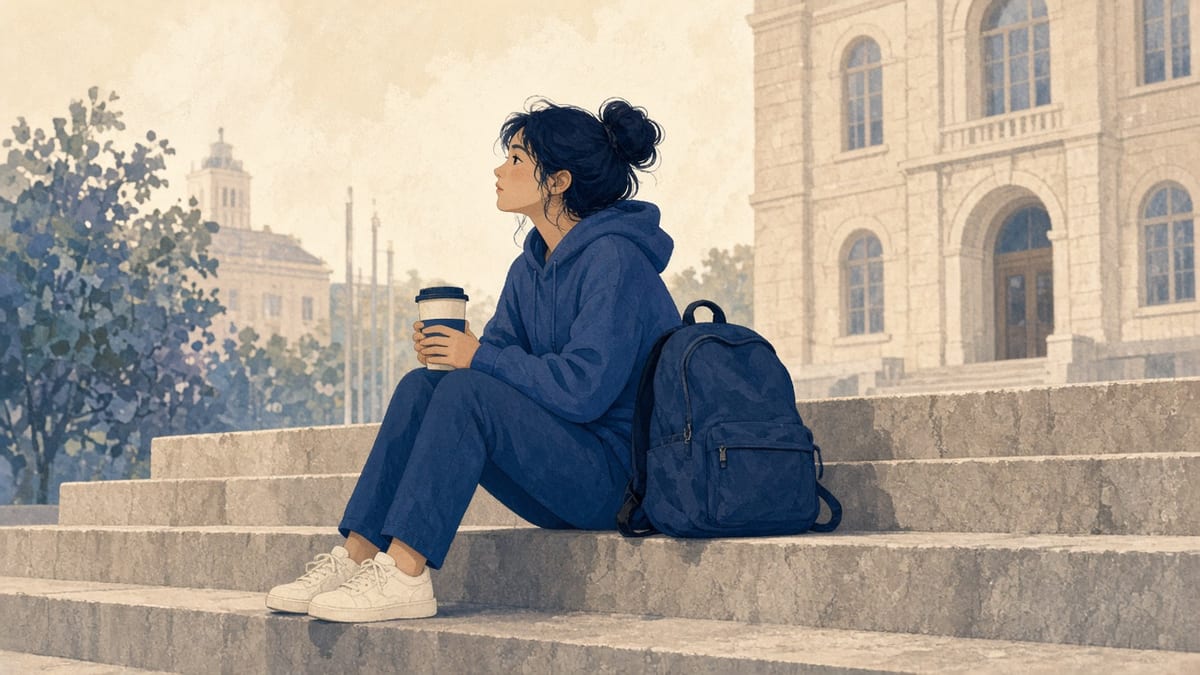 Student przy rozdrożu: uczelnia vs praca — stylizowana scena