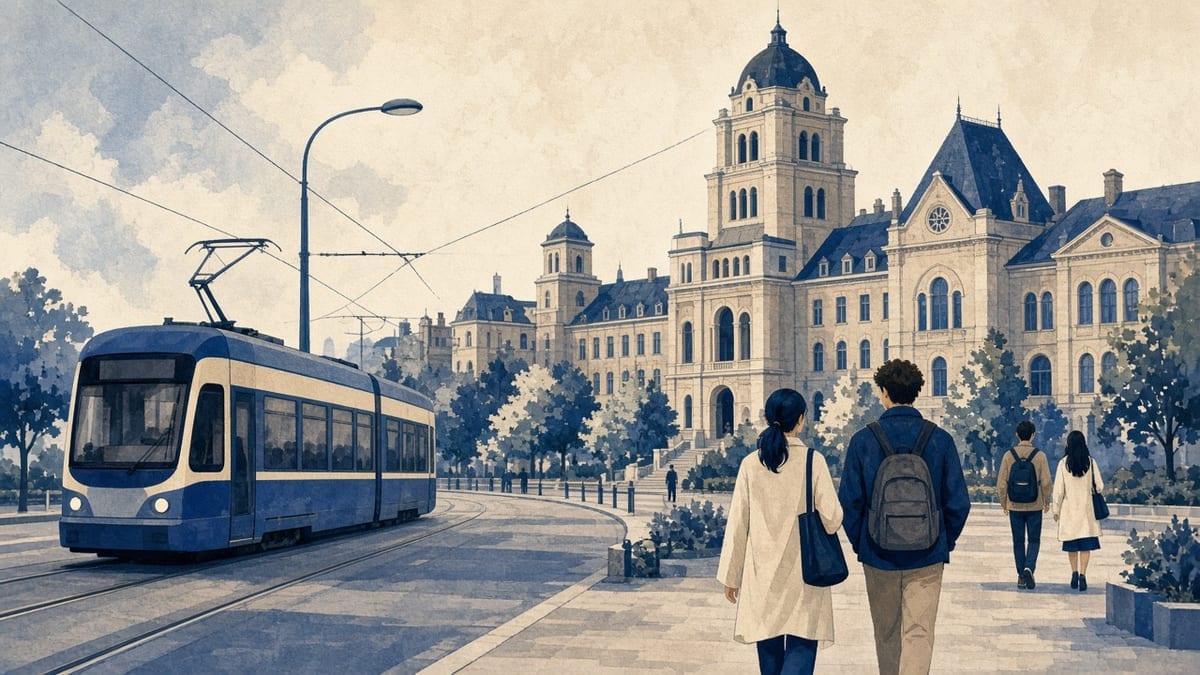 Plac Grunwaldzki — tramwaj, budynki uczelni, studenci