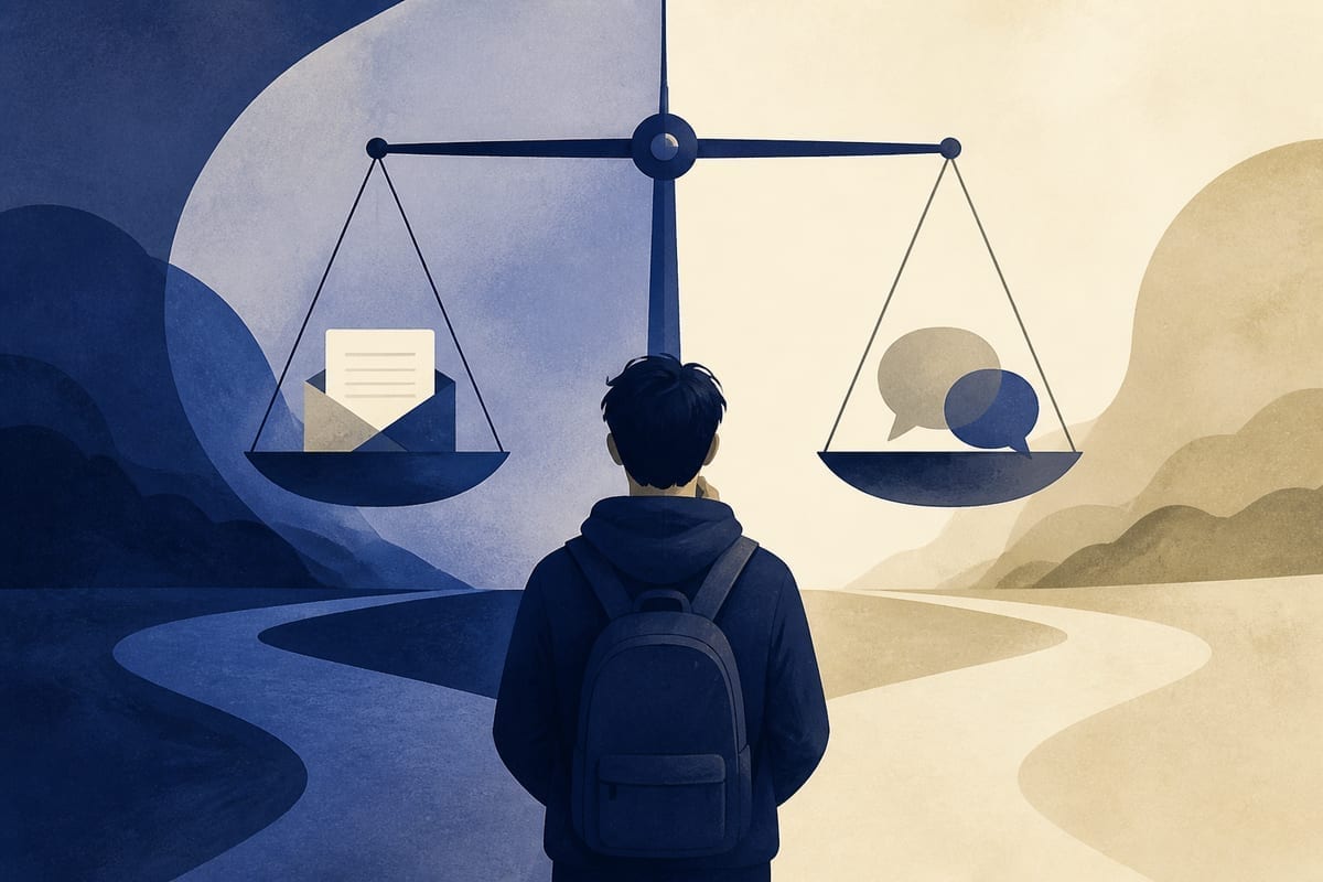 Student podpisuje umowę z uśmiechem — świadoma decyzja, nie panika