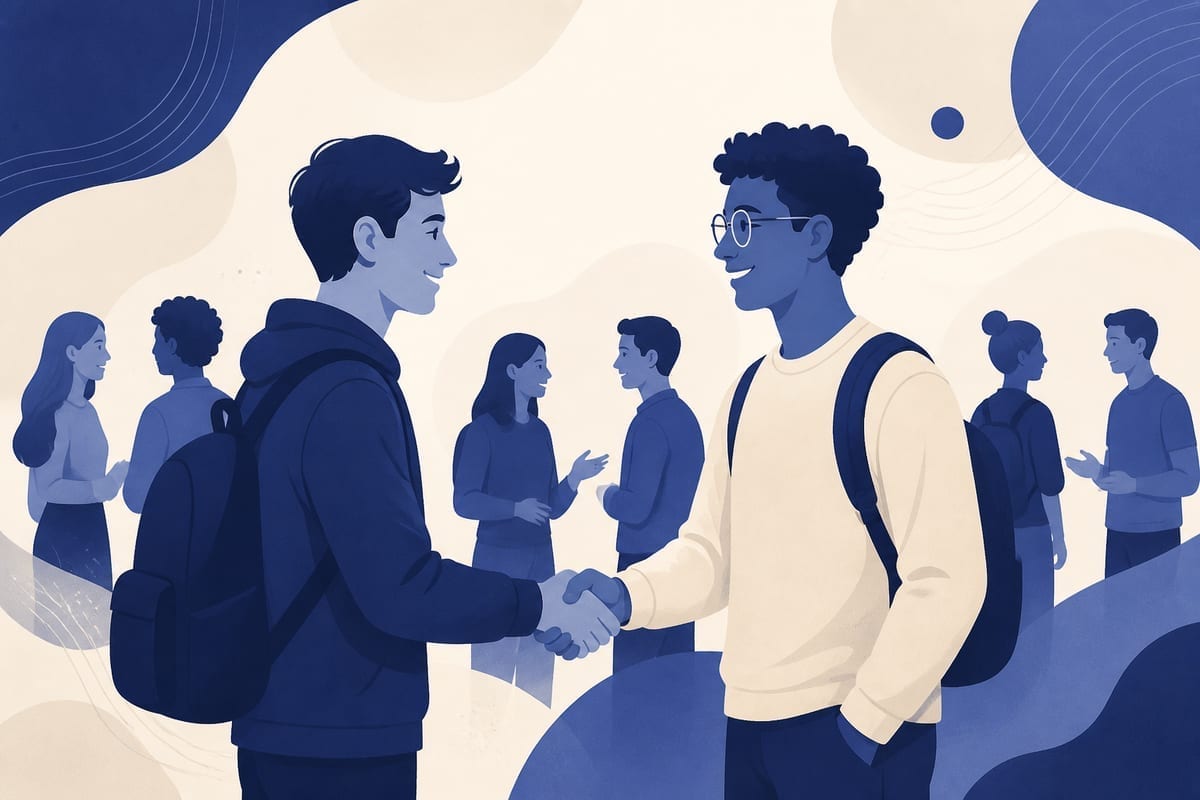 Student na wydarzeniu networkingowym z kubkiem kawy, rozmowa przy stoisku firmy