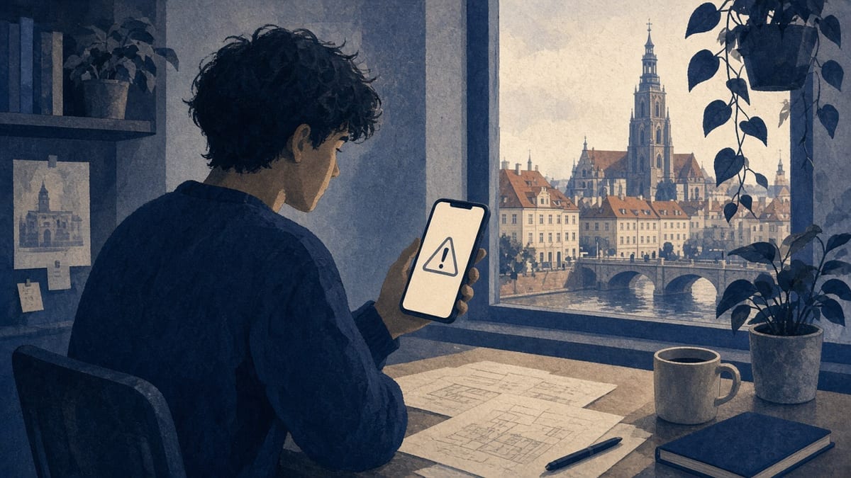 Student patrzy na ogłoszenie wynajmu z ostrzeżeniem