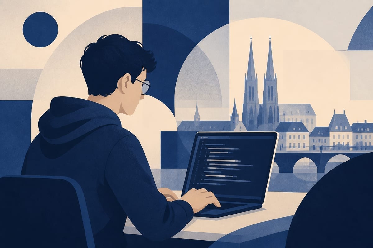 Student z laptopem przegląda oferty IT we Wrocławiu — tramwaj za oknem, GitHub otwarty w drugiej karcie