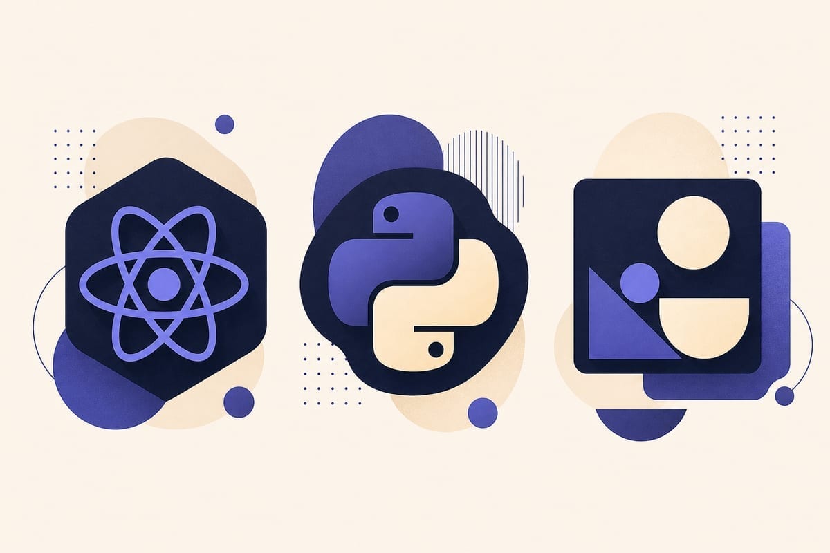Diagram stosu technologicznego — React, Python, Git, baza danych, chmura