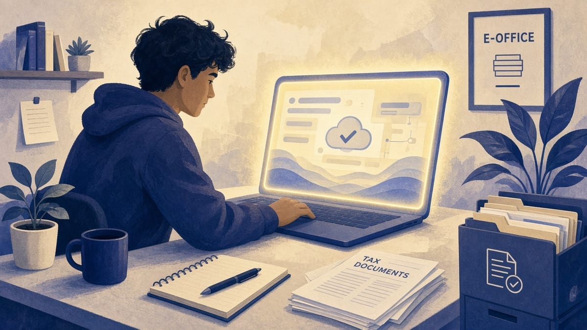 Student składa zeznanie w e-Urzędzie — ekran bez czytelnego tekstu