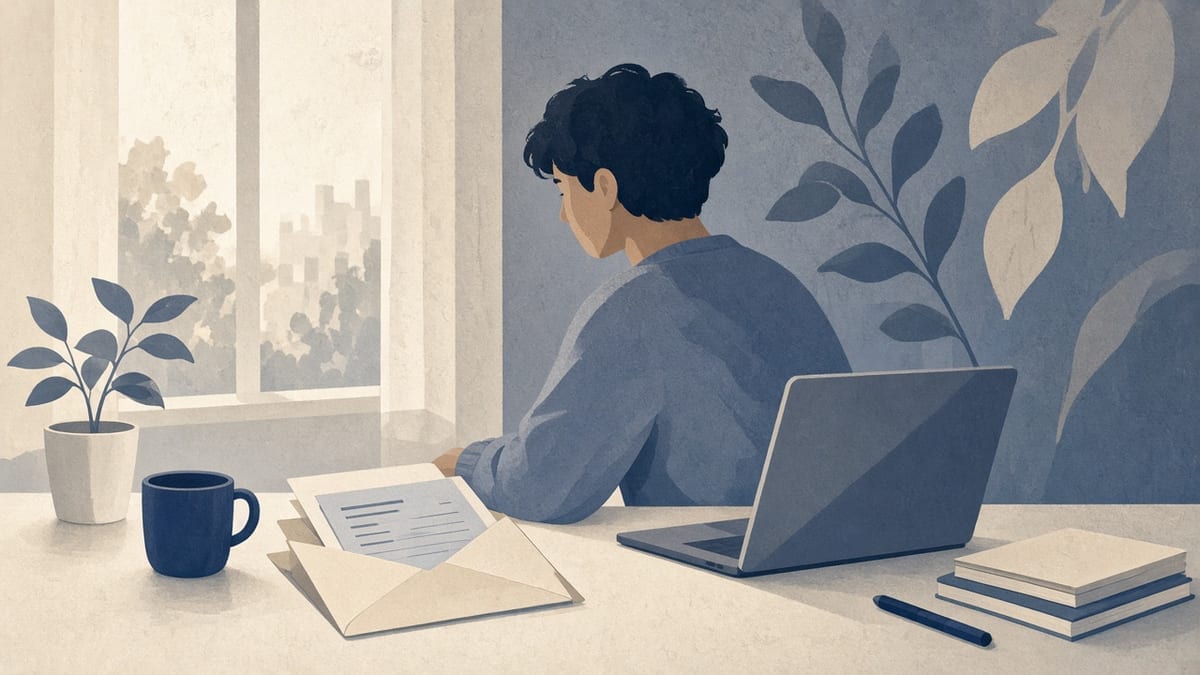 Student przy laptopie z kopertą dokumentów podatkowych