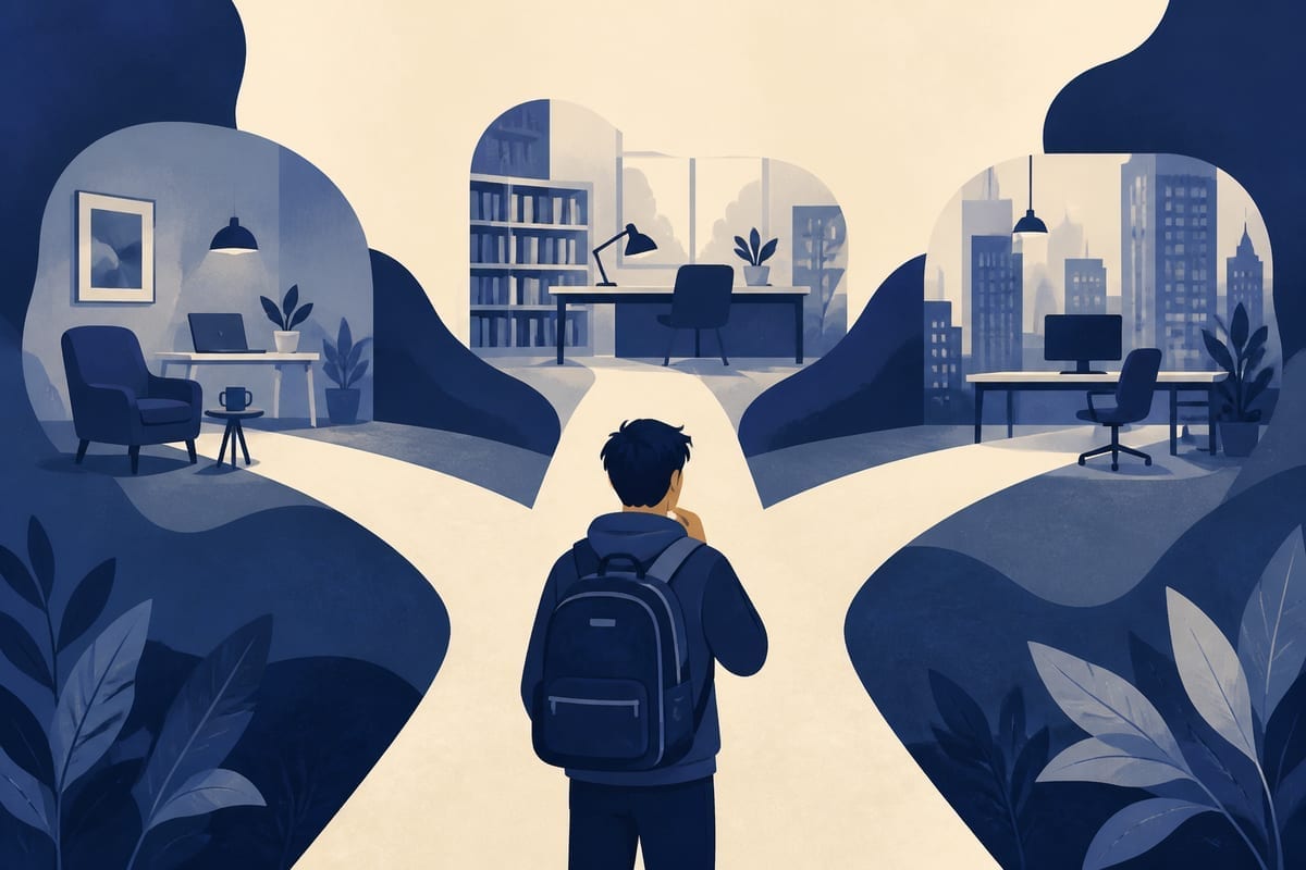 Student rozważa trzy opcje pracy — zdalnie, w biurze i hybrydowo