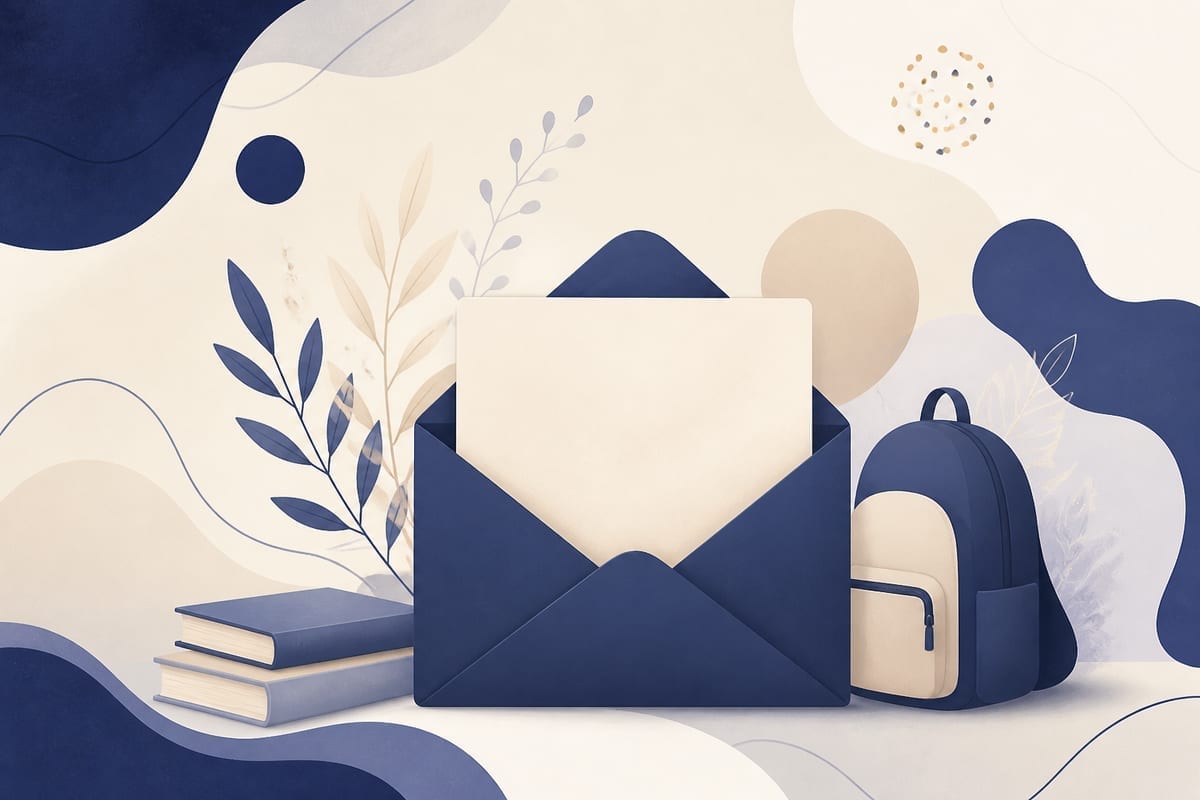 Student wysyła uprzejmą prośbę o referencję — mail na laptopie, spokojna mina