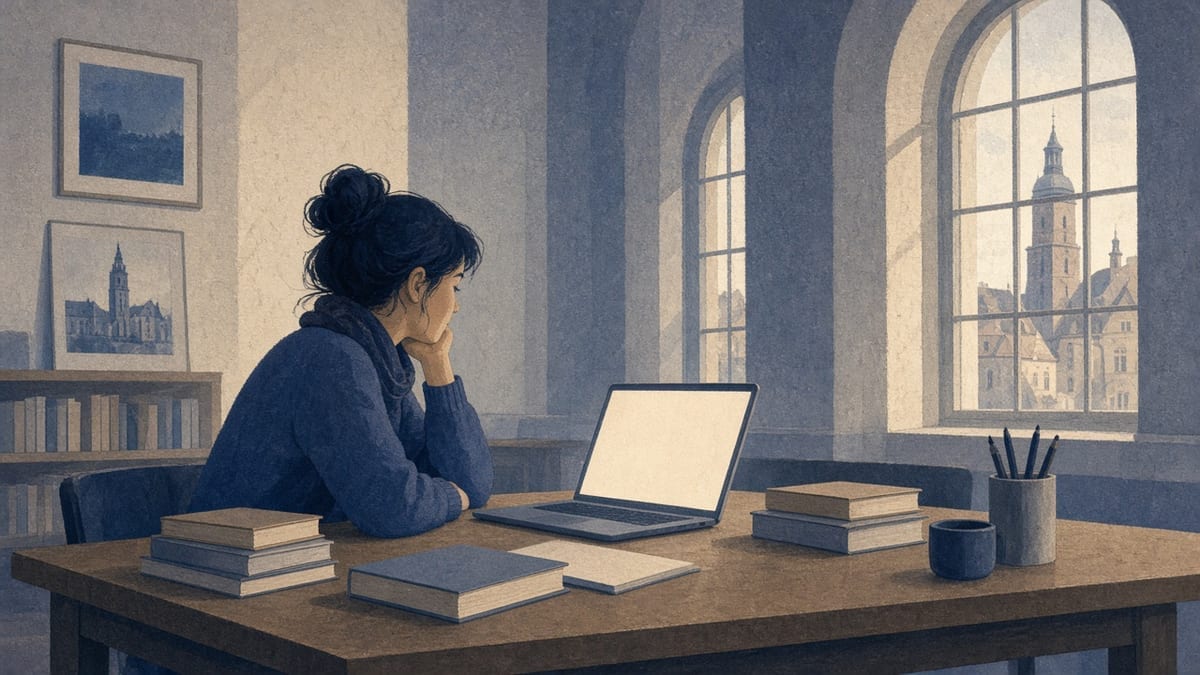 Student w czytelni z laptopem i pustym ekranem — spokojna nauka