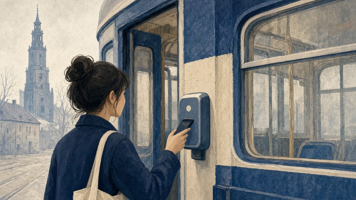 Student kasuje bilet w aplikacji przy kasowniku tramwaju MPK