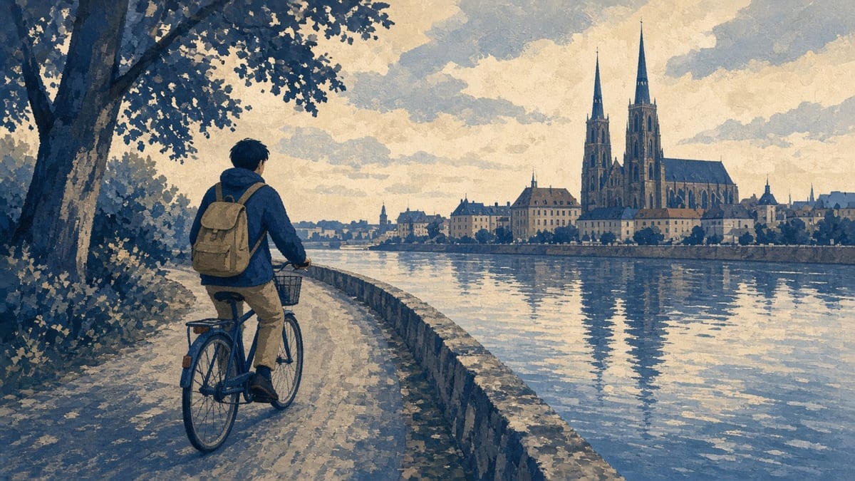 Rower nad Odrą — ścieżka rowerowa, most, student w kasku