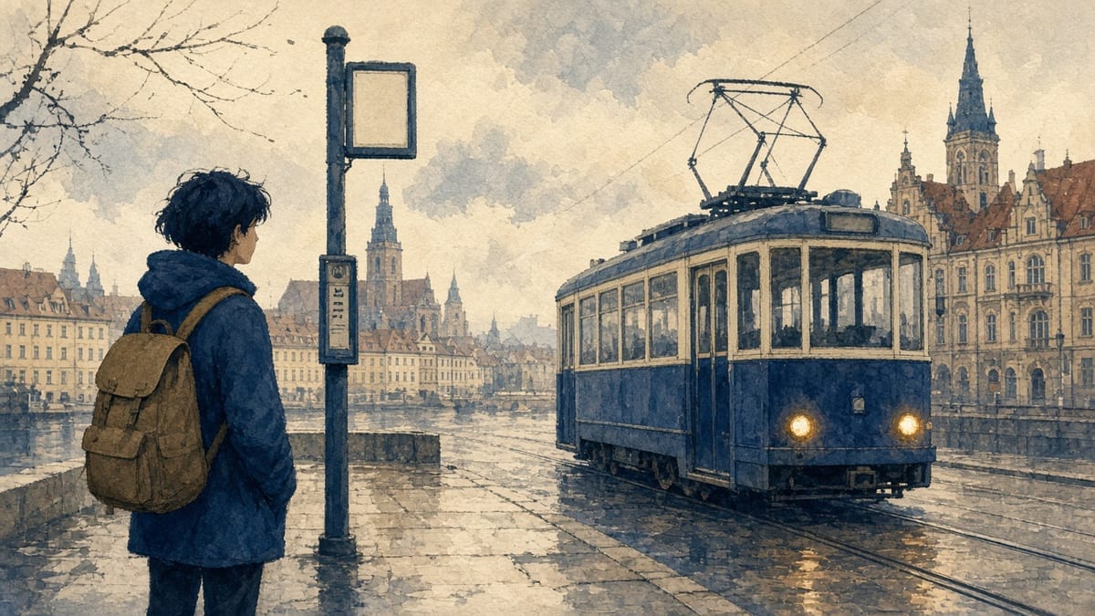 Student na przystanku tramwajowym we Wrocławiu — plecak, nadjeżdżający tramwaj