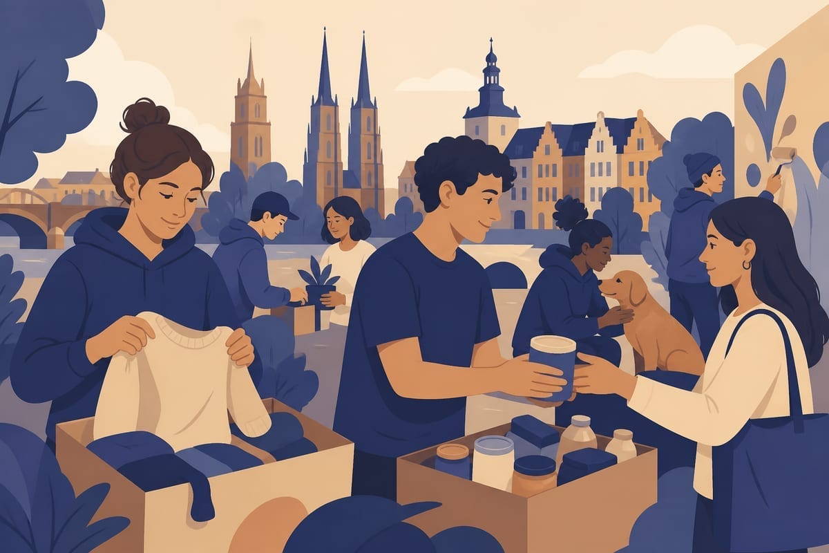 Student w koszulce wolontariusza NGO obok plakatu wydarzenia we Wrocławiu
