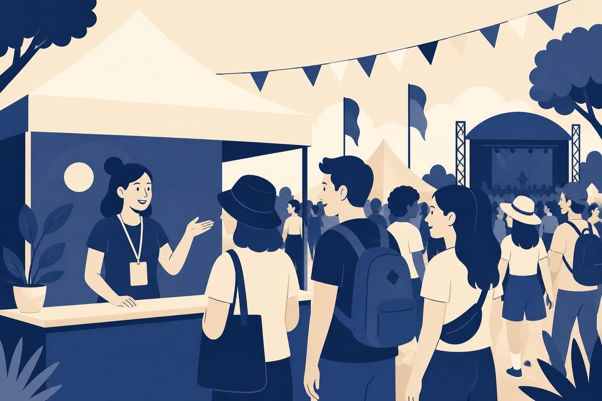 Wolontariusz przy info point na evencie — tłum uczestników, identyfikator, tablet z grafikiem