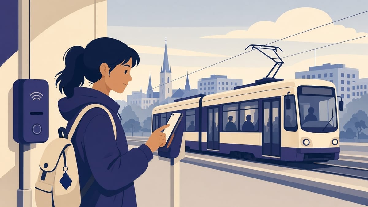 Student przy kasowniku MPK we Wrocławiu — smartfon, tramwaj w tle