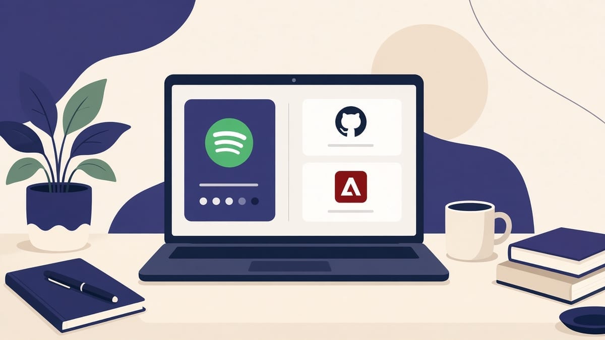 Laptop z otwartymi stronami subskrypcji studenckich — Spotify, GitHub, narzędzia IT, biurko ze szklanką kawy