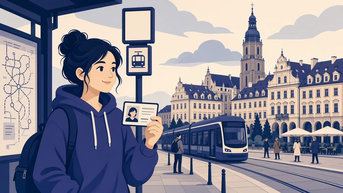 Student z legitymacją przy przystanku tramwajowym — Rynek Wrocław w tle